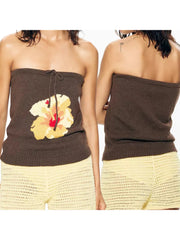 Cyflymder  Elegant Floral Print Off Shoulder Blouse Chic Knit Bandeau Shirt with Bow Detailing and  Fit for Summer Fashion
