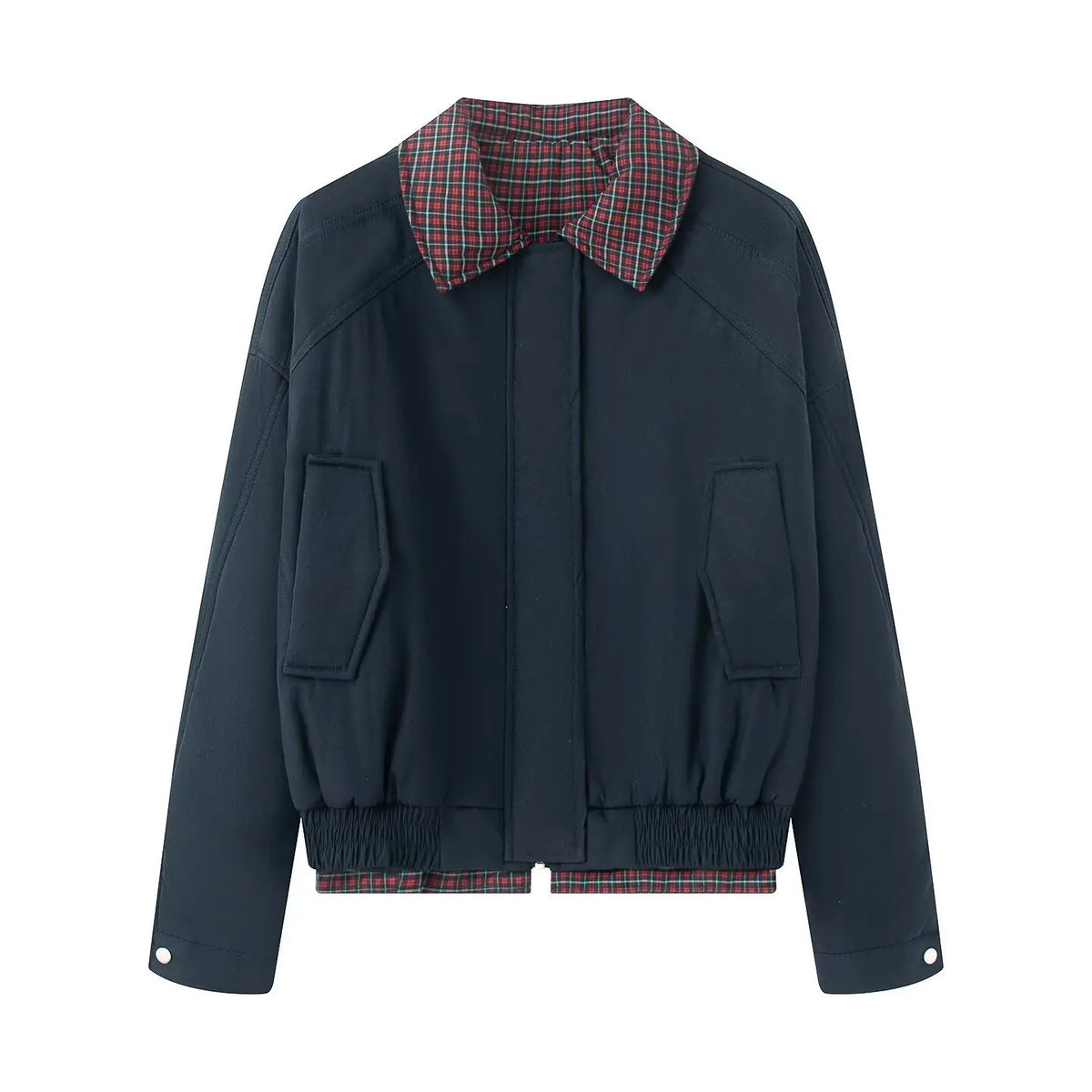 Cyflymder  Vintage Internal Red Plaid Zipper Flight Jacket Women Autumn Cotton Warm Thick Stand Collar Jackets Chic Simple Loose Tops Y2K