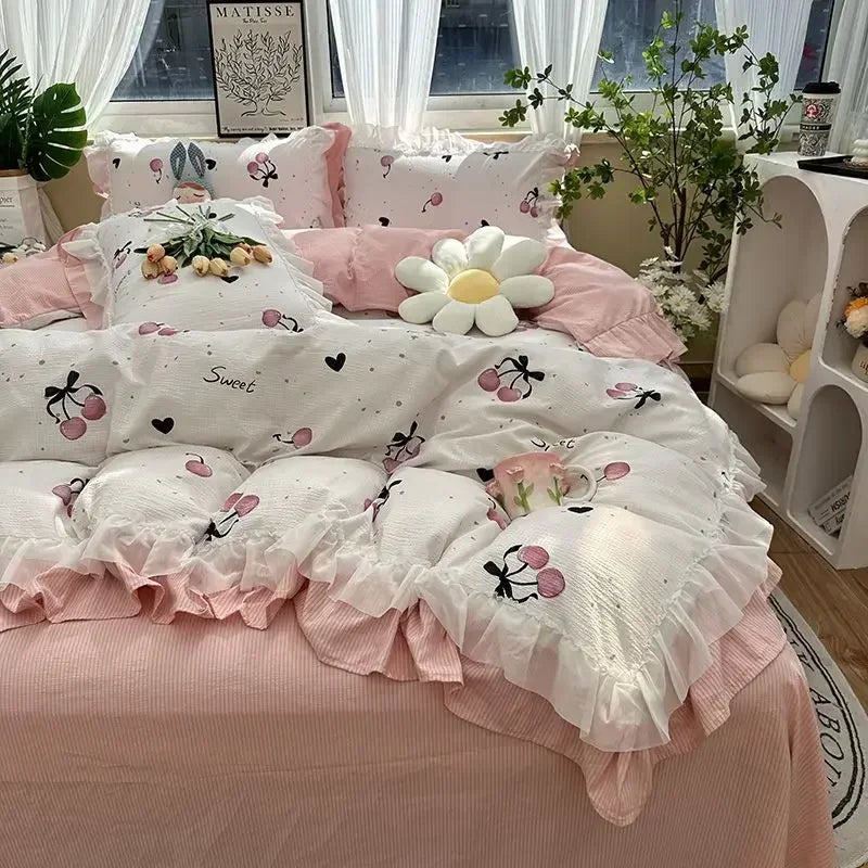 Cyflymder  Romantic French Flowers Lace Ruffles Bedding Set Washed Cotton Duvet Cover Bed Flat Sheet Pillowcases Girls Couple Bed Linens
