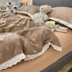 Cyflymder  INS French Lace Trim Bowknot Double Layer Gauze Quilt Cover Four-Piece Set Simple Bed Sheet Fitted Sheet Dormitory Three-Piece