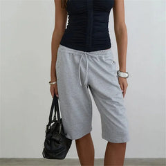 Cyflymder  Women Y2K Vintage Sweat Shorts High Waist Drawstring Elastic Waist Side Snap Button Detail Knee Length Bermuda Shorts Streetwear