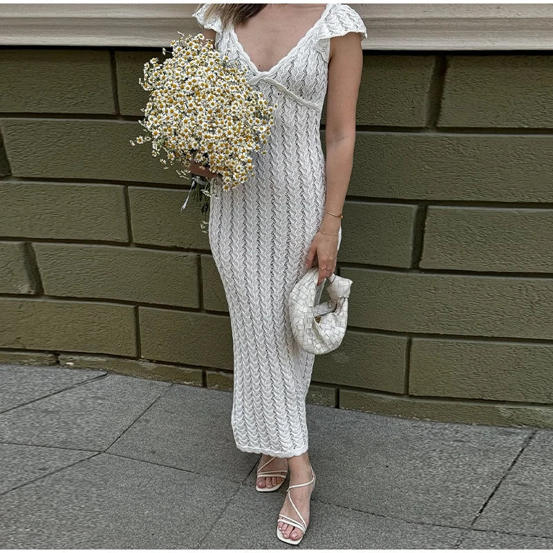 Cyflymder  Chic V-Neck Knitted Lace Long Dress Woman Hollowed Out Short Sleeves Slim Robes Solid Color Casual Elegant Women's Long Dresses