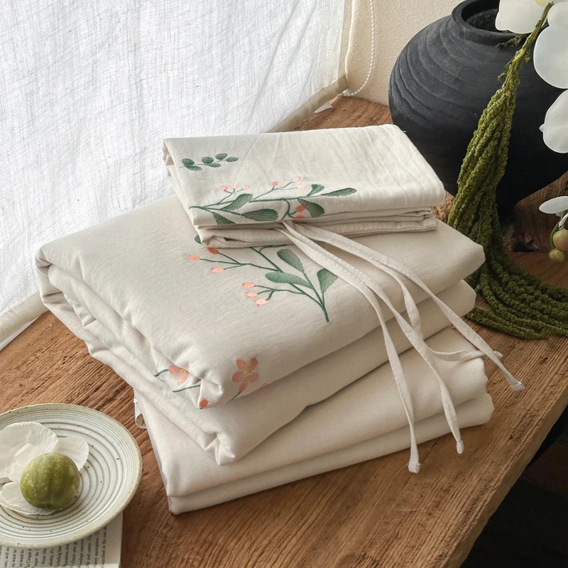 Cyflymder  Linen Cotton Jacquard Flowers Embroidery Bedding Set Queen King Size Duvet Cover Set Flat/Fitted Bed Sheet Pillowcases 4Pcs