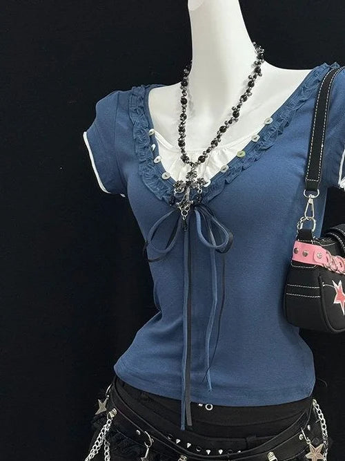 Cyflymder  Goth T-shirt Slim Y2k 2000s Fake 2piece Punk Harajuku Crop Top Women V-Neck Sexy Short Sleeve Bow Summer Sweet Basics Tees Chic