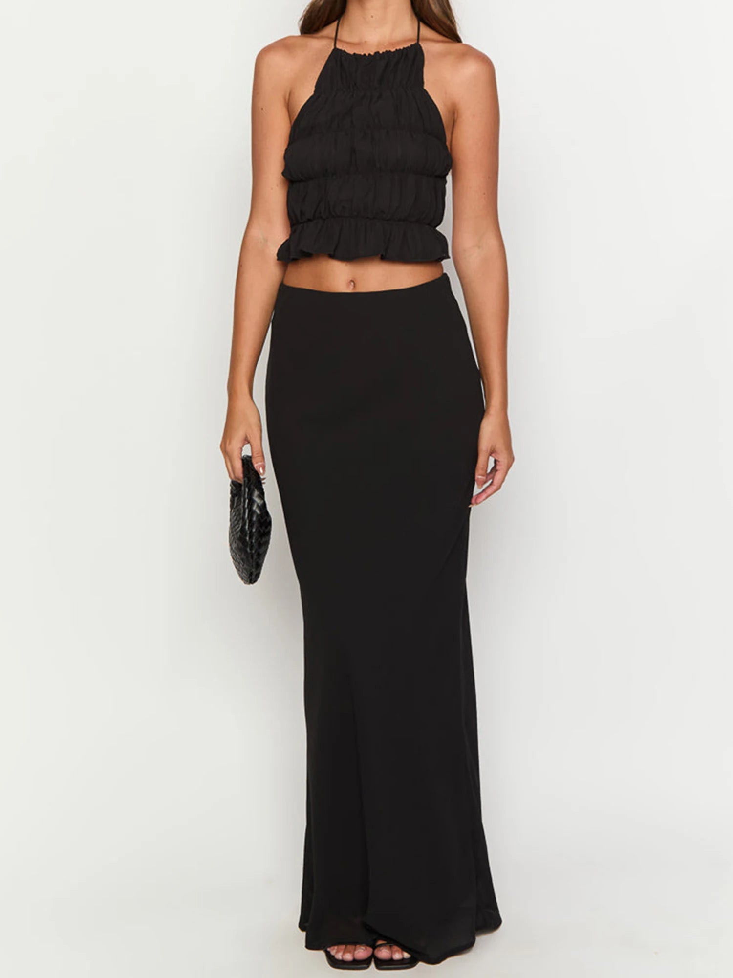 Cyflymder  Elegant Two Piece Skirt Sets for Women Stylish Smocked Halter Neck Crop Top with  Fit Long Skirt Ensemble in Solid Color