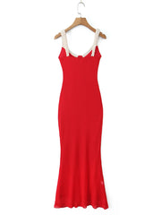 Cyflymder  V Neck Spaghetti Strap Red Party Women's Dress Flower Decor Elegant Sleeveless Bodycon Maxi Vestidos Beach Casual Long Robe