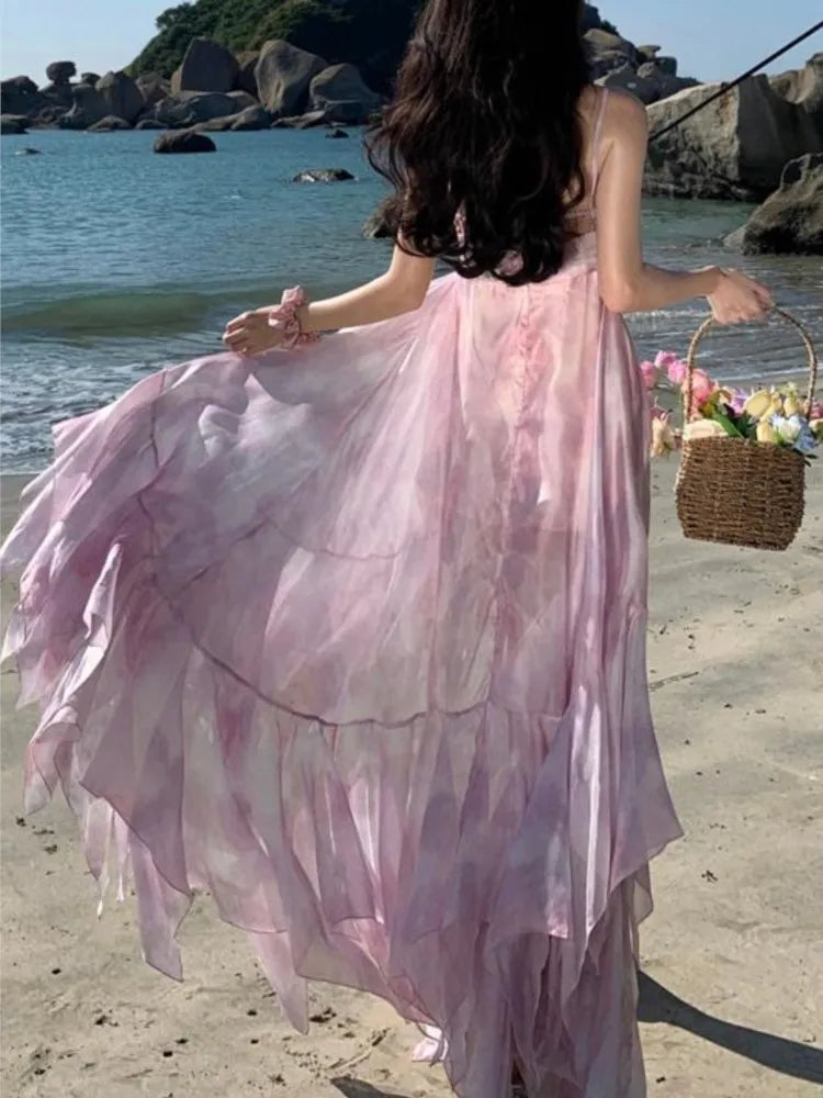 Cyflymder  Women Elegant Pink 2025 Spaghetti Strap Fashionable Long Dress Summer Beach Holiday Party Floral Dresses Sweet High Waist Robe