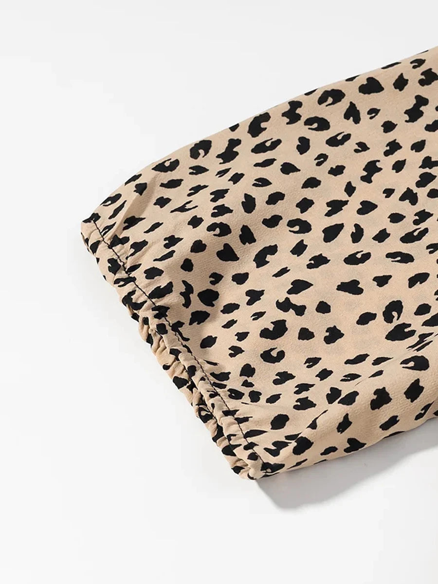 Cyflymder  French Sexy Leopard Printed Dress for Women V Neck Half Sleeve Spliced Lace Up Slim Temperament Dresses Female New