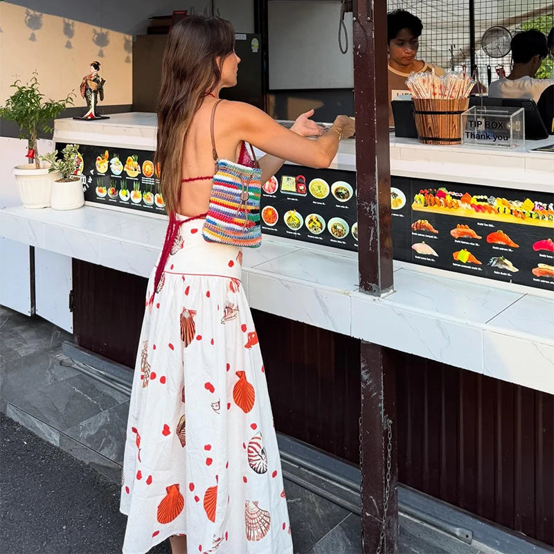 Cyflymder  Off Shoulder Puff Short Sleeve Printed Top Cropped High Waist Long Skirt Summer Vacation Women Top Trendy Chic Lady Blouse
