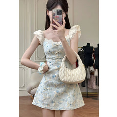 Cyflymder  Vintage Floral Mini Dress Women Party Elegant Bow Lace Dresses Summer Korean Flying Sleeve Square Collar Bodycon Design Vestidos