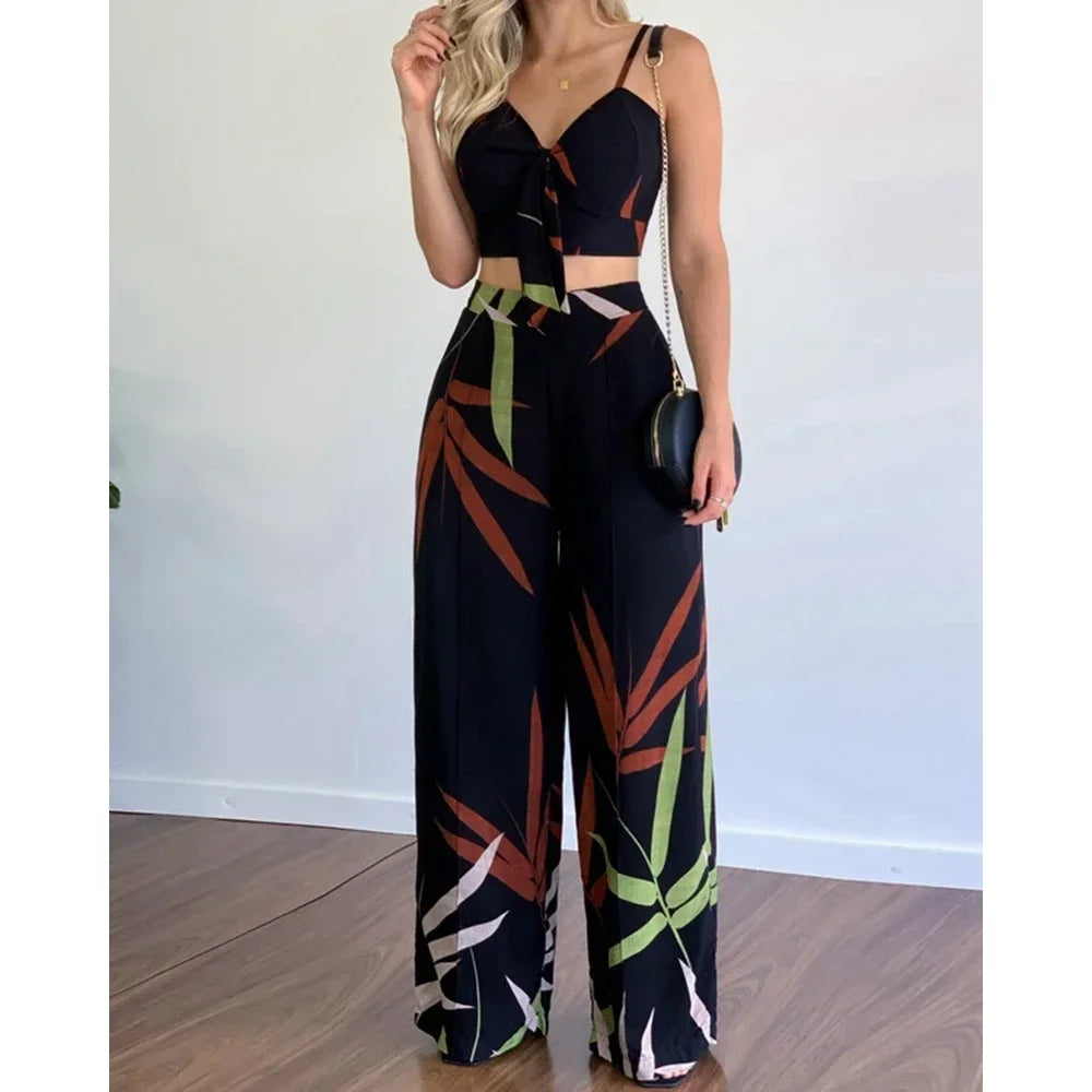 Cyflymder  Summer Women Tropical Print Spaghetti Strap Casual Lace up Back Top &High Waist Pants Set 2 Pieces Suit Sets Woman Clothing