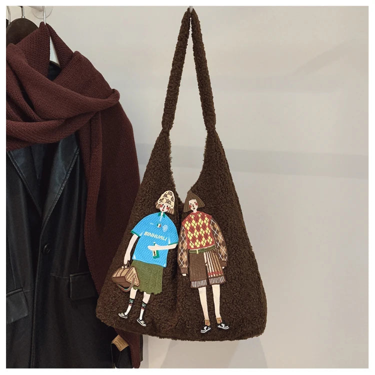 Cyflymder  Cute Cartoon Knitted Tote Bag Women's Large Capacity Versatile Commuter Single Shoulder Armpit Bag  Ins Style Soft Velve...