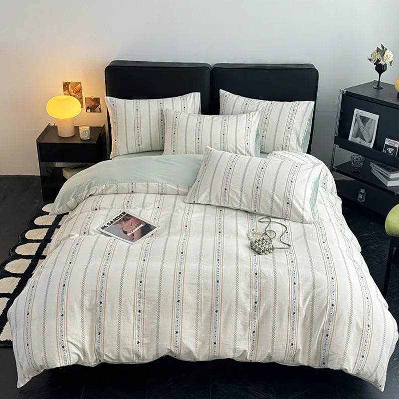 Cyflymder  4Pcs High-End Striped Jacquard Fitted Sheet Bedding 100% Cotton Soft Breathable Bedclothes Cozy Comfort Set with Corner Belt