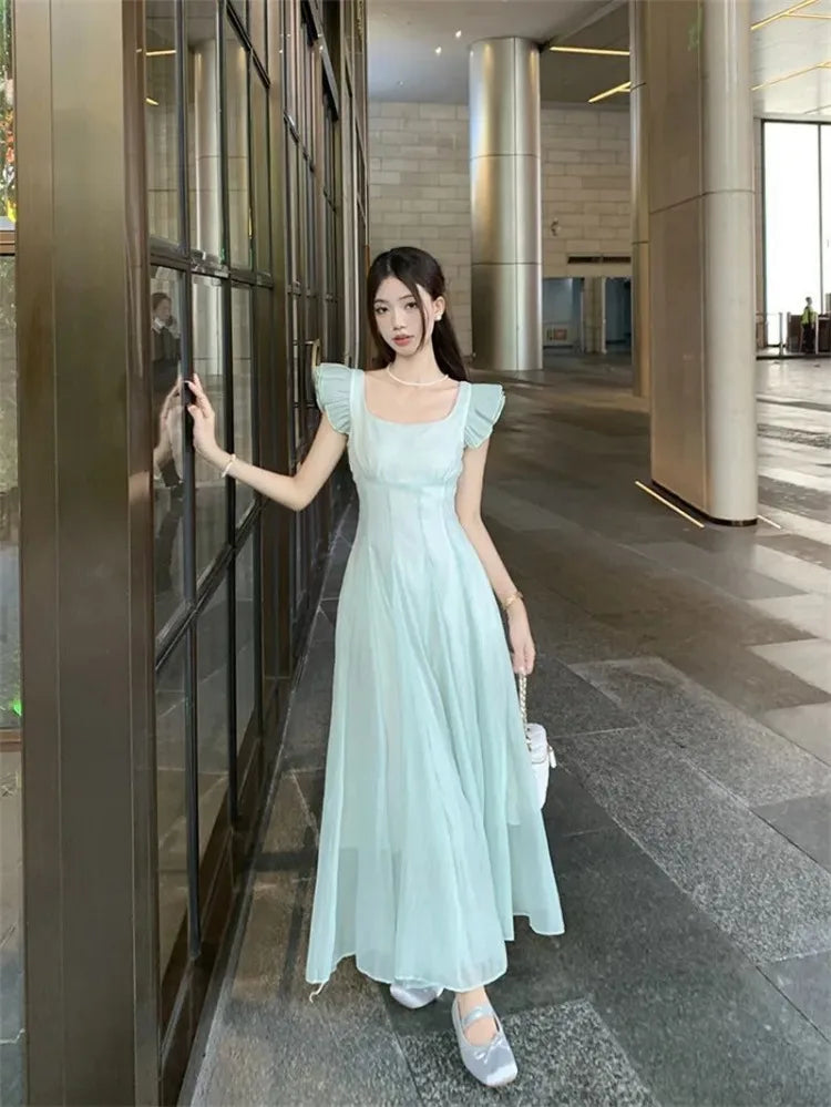 Cyflymder  Dresses Women Gradient Flying Sleeve Ruffles Bandage French Style Sweet Elegant Summer Fashion Dress Party Female