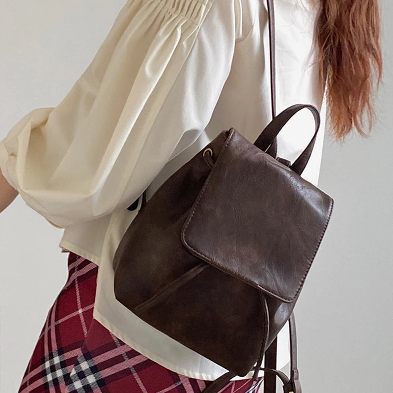 Cyflymder MINI Small Retro Brown Backpack Women Spring And Summer New Simple And Versatile Shoulder Bag Fashion Trend PU Leather Bag