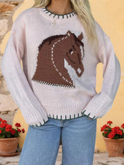 Cyflymder  Women s Cozy Crew Neck Sweaters Stylish Horse Print Pullover Soft Knitwear for Autumn Fashionable Street Style