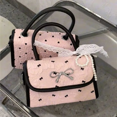 Cyflymder   Korean Style Sweet Cute Bow Handbag Women Pleated Lace Gentle Shoulder Bags Ladies Lovely Print Pattern Exquisite Crossbody Bag