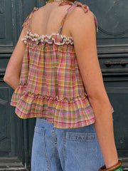 Cyflymder  Women s Plaid Tank Tops Stylish Square Neck Sleeveless Spaghetti Strap Ruffled Hem Camisole for Summer Fashion