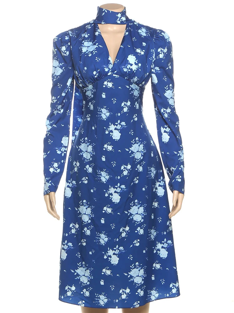 Cyflymder  Street Floral Print Maxi Dress Women v-Neck Ribbon Long Sleeve Folds Elegant Daily Autumn Trend Chic Prom Party Vestidos