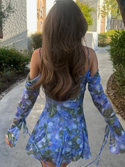 Cyflymder  Sexy Beach Holiday Fashion Women's Dress Printed Long Sleeve Backless Lace-up Ruffled Mini Dress Fashion Summer Dress