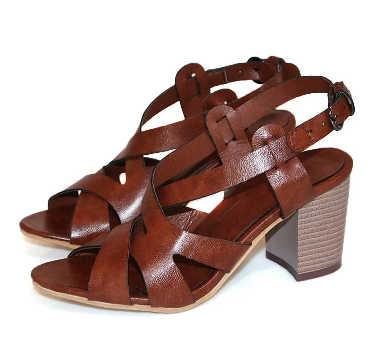 Cyflymder   Leather Chunky Heel Open Toe Buckle Women's Sandals