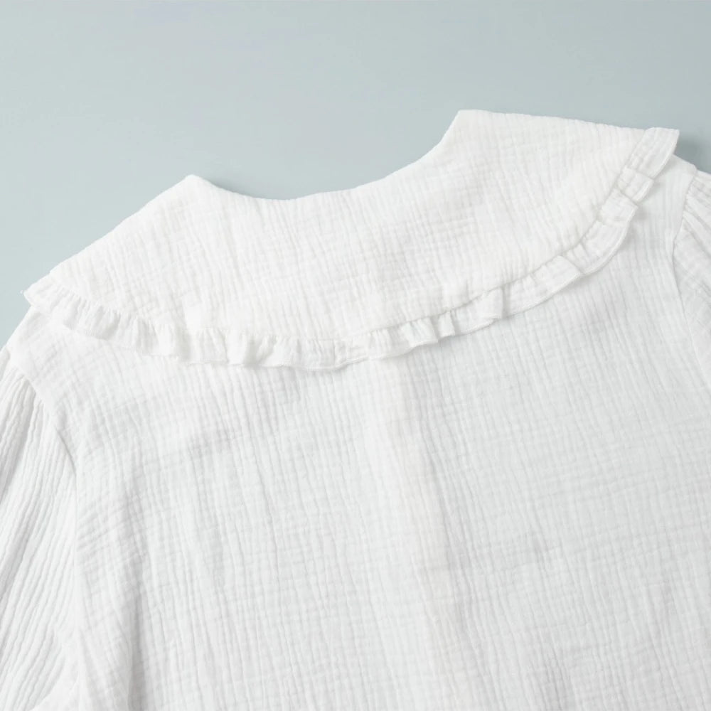 Cyflymder  Cotton Spliced Ruffled White Shirts for Women Peter Pan Collar Lantern Sleeve Patchwork Buttons Shirt Autumn Style