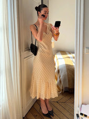 Cyflymder  Holiday Dot Printed Plaid Mesh Bodycon Dress See Through Deep V-Neck Sleeveless Midi Dresses For Women Summer Fashion
