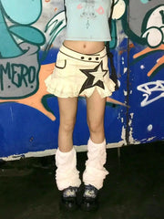 Cyflymder  American Washed Star Patch Lace Denim Skirt Spice Girls Ballet Slits A Word Skirt