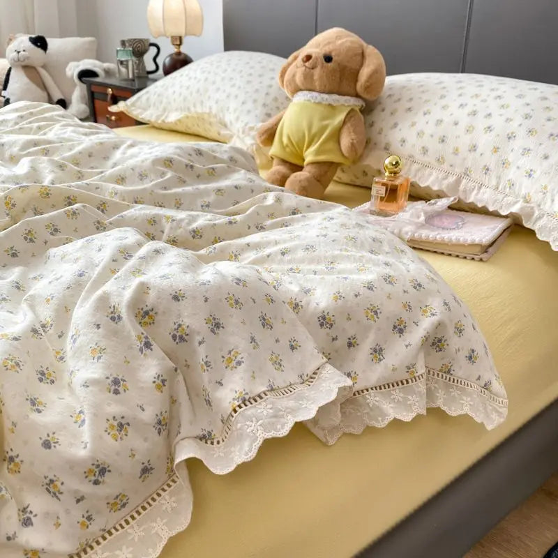 Cyflymder  INS French Lace Trim Bowknot Double Layer Gauze Quilt Cover Four-Piece Set Simple Bed Sheet Fitted Sheet Dormitory Three-Piece