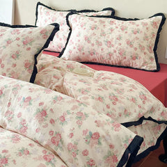 Cyflymder  Korean Princess Floral Ruffles 100% Cotton Double Layer Yarn Soft Bedding Set Single Queen King Duvet Cover Bed Sheet Pillowcase
