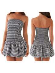 Cyflymder  Women s Plaid Off Shoulder Mini Dress with Puffball Sleeves and Tube Top Design for a Stylish Look