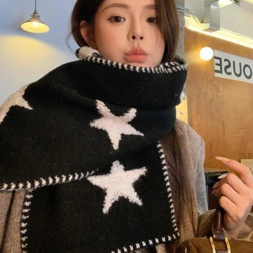 Cyflymder  Korean Style Star Knit Scarf for Women Winter Warm Neck Wrap Fashion Streetwear Versatile Locked Edge Neck Scarf