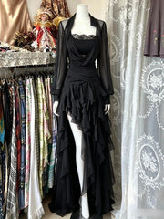 Cyflymder  Sexy Elegant Dark Camisole Dress Set Women Sheer Sleeves Lace Trim Ruched High Ruffle Hem Slim Fit Long Dress Elegant Outfit