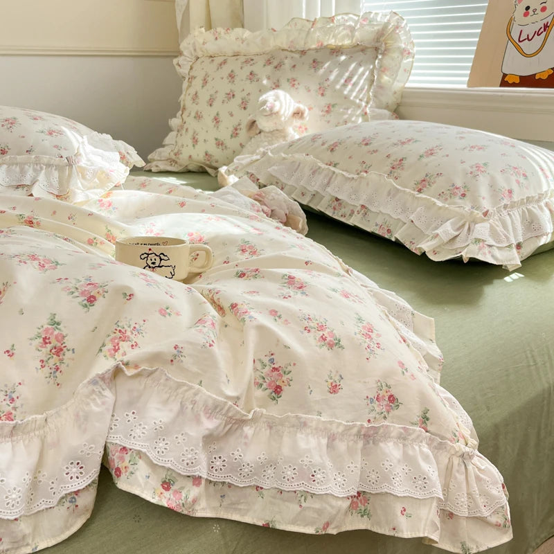 Cyflymder  Princess Style Lace Ruffles 100% Cotton Bedding Set Floral Pastoral Style Duvet Cover Flat/Fitted Bed Sheet Pillowcases 3/4Pcs