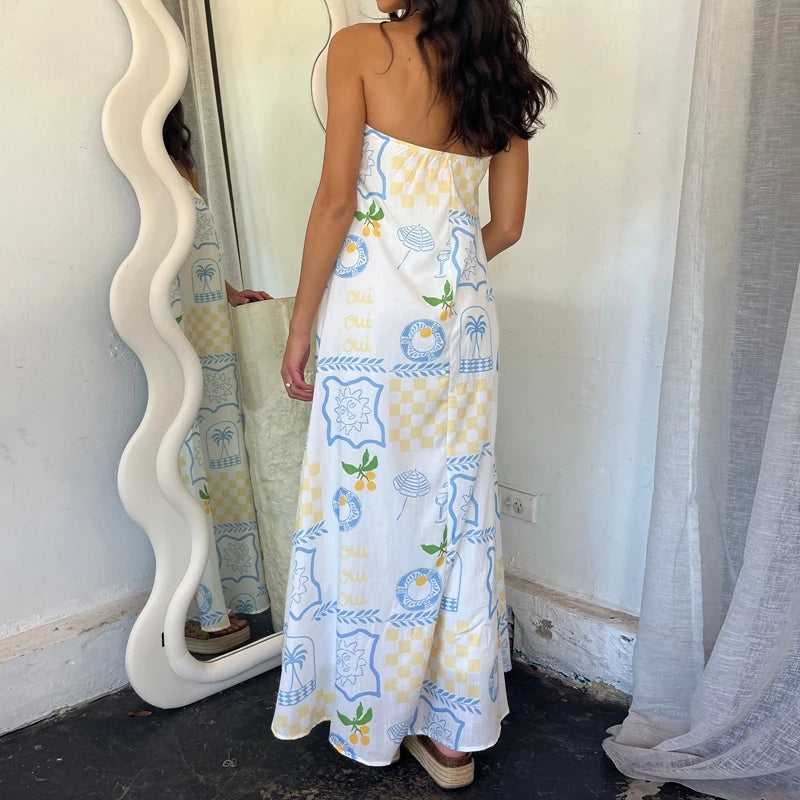 Cyflymder  Beach Holiday Strapless Maxi Tube Dress Vintage Fruit Print Backless Swing Loose Dress Women Summer Boho Off Shoulder Long Dress