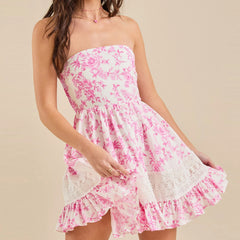 Cyflymder  Tube Top Dress for Women Summer Boho Vintage Strapless Floral Mini Dresses Off The Shoudle Ruffle Beach Dress