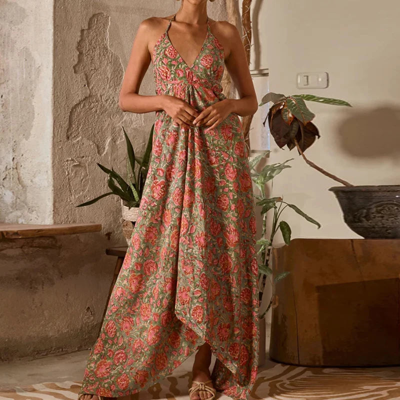 Cyflymder  Sexy Dress Vintage Floral Print Halter Women's Long Dress Fashion Hollow Out Backless Party Dress Bohemian Sleeveless Suspender