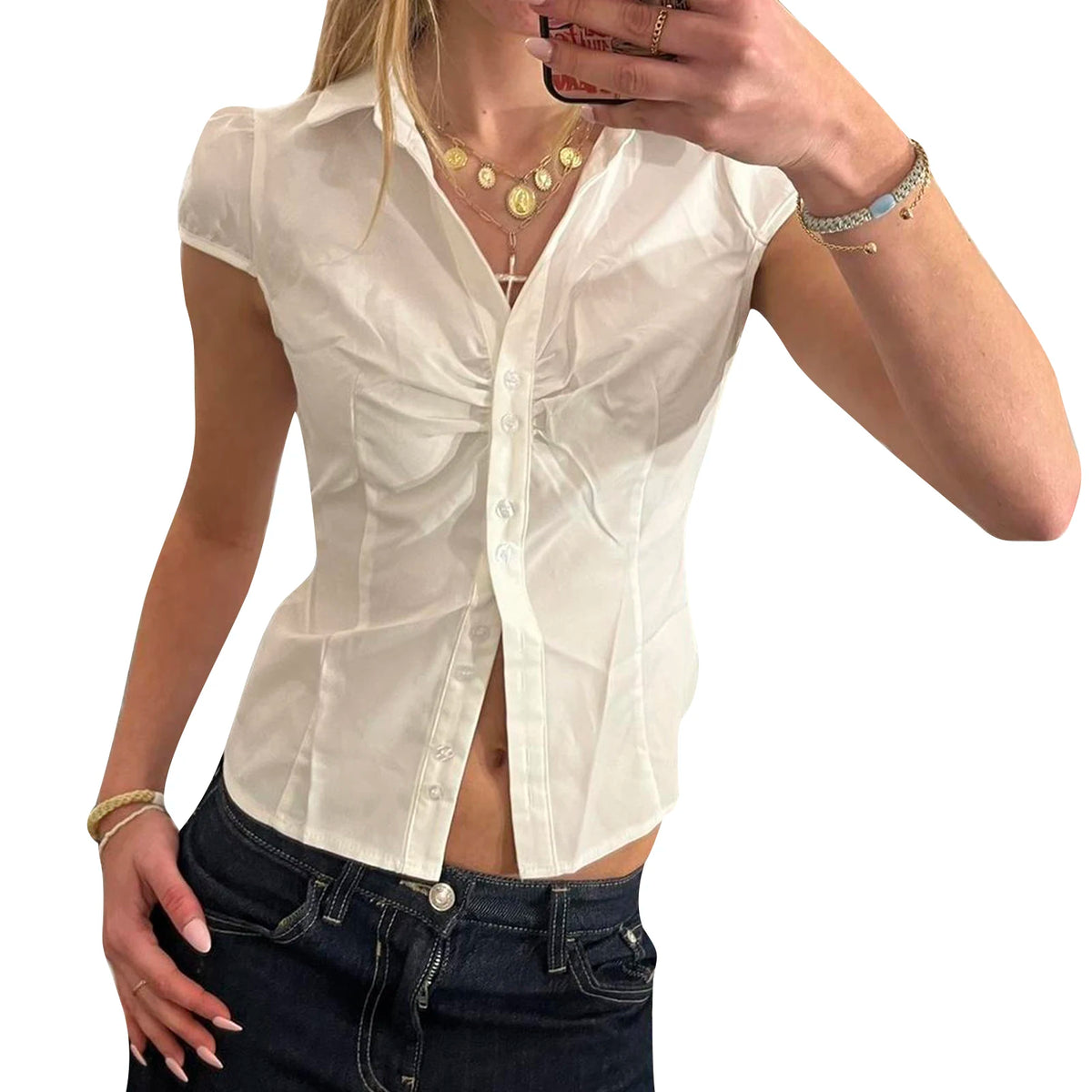 Cyflymder  Women s Casual  Fit Solid Color Button Down Shirt with Lapel V Neck and Short Sleeves - Perfect for Summer Fashion
