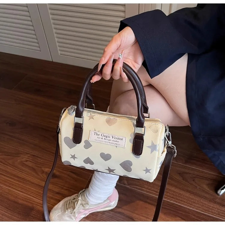 Cyflymder  Harajuku Style Heart Star Print Canvas Bag Women Sweet Cute Boston Bag Ladies Versatile Fashion Trendy Handbag Y2k Aesthetic New