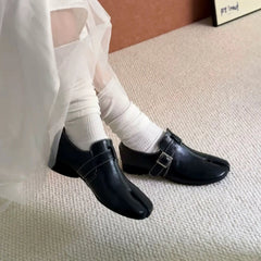 Cyflymder  Black Genuine Cow Leather Tabi Split Toe Slip on Oxford Mary Jane Shoes for Women Stable Chunky Block Heel Party Casual Footwear
