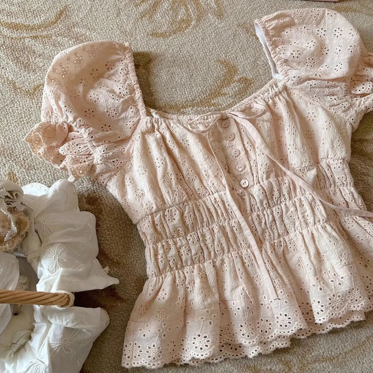 Cyflymder  Sweet Hot Girl Square Collar Bubble Sleeve Shirt for Women's Summer Slim Fit Lace-up Hollow Short Shirt Fashion Female Clothes