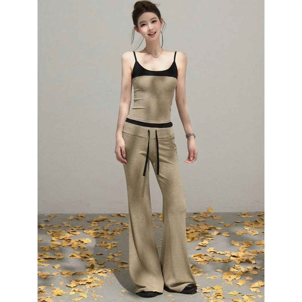 Cyflymder  Y2k Aesthetic 3 Piece Sets Grunge Loose Solid Cardigan + Patchwork Fairy Vest + Drawstring Stripe Flared Pants Autumn Outfits