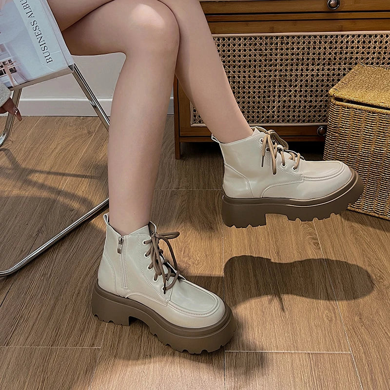 Cyflymder  Platform Thick Bottom Warm Short Plush Women Motorcycle Boots Fashion Lace Up Shoes Autumn Winter Female Short Booties