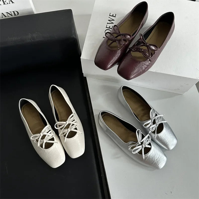 Cyflymder  Korean Style Flat Bottom Butterfly Knot Single Shoes Women's Silver Mary Janes Low Heel Square Toe Synthetic Inner Slip-On Shoes