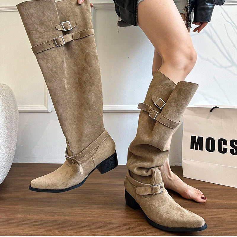 Cyflymder  Autumn Winter Pleated Women Knee High Boots Vintage Square Low Heels Shoes Female Belt Buckle Long Booties