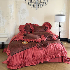 Red Rose Bow Lace Edge Design Cotton Bedding Set Duvet Cover Linen Fitted Sheet Pillowcases Home Textile