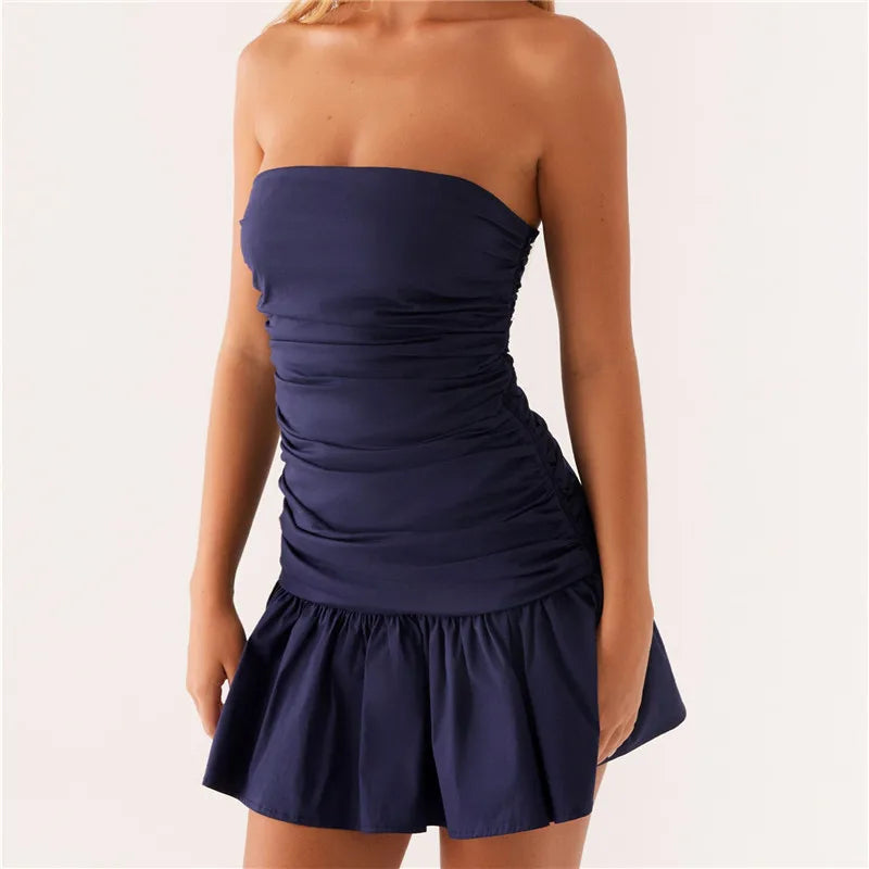 Cyflymder  Fashion Women's Ruched Tube Top Dress Vintage Holiday Strapless Sleeveless Slim Fit Flare Dress Summer Clubbing Dress