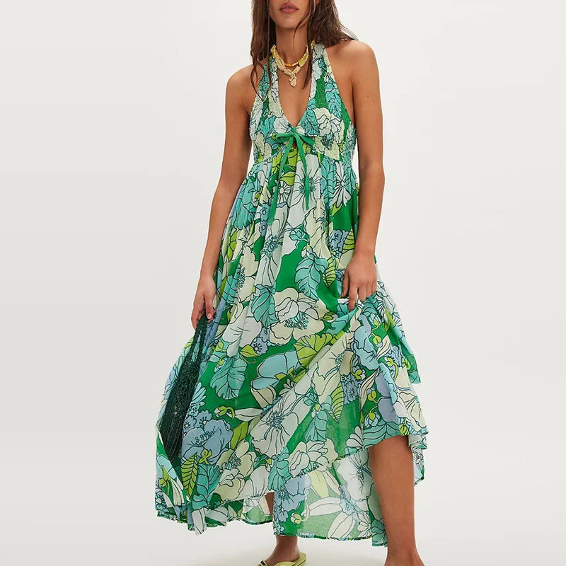 Cyflymder  Vintage Floral Printed Halter Evening Dress Sexy Off Shoulder High Waist Pleated Dress Trendy Backless Swing Women's Beach Dress