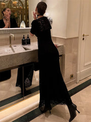 Cyflymder  Fashion Lace Hollow Out Long Dress Women's V-Neck High Waist Sexy See-Through Printed Summer Dress Female Bodycon Dress