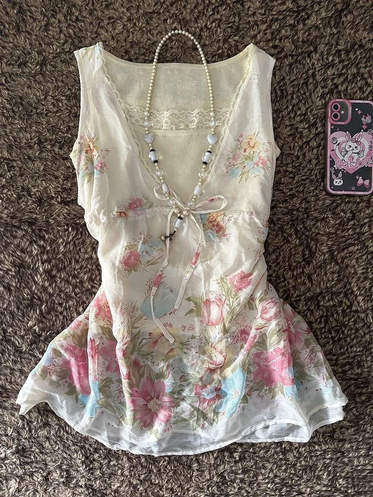 Cyflymder  Vintage Vest Slim Sweet Punk Y2k 2000s Harajuku Floral Print Lace Crop Top Woman Clothes Fashion Tank Top Elegant Fairy Tee Chic
